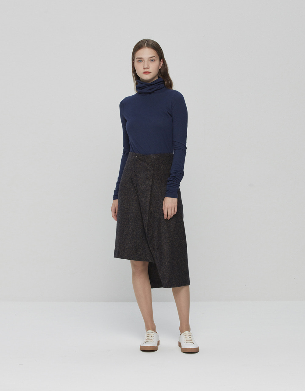 Wool Blend Assymetric Set-up Skirt Brown Check
