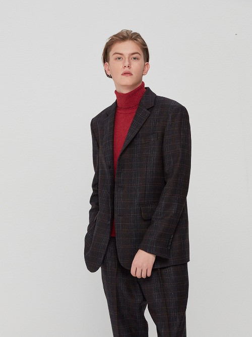 Semi-over fit 3 Button Set-up Jacket Dark Brown Check