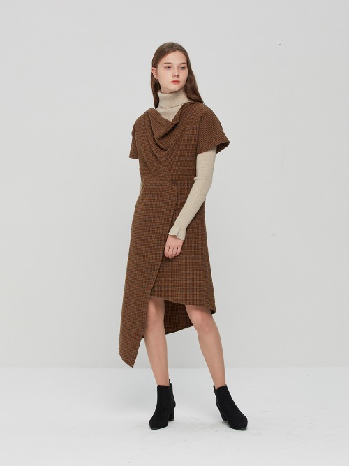 Wool Cowl Neck Asymmetric Short Sleeve Dress Mustard