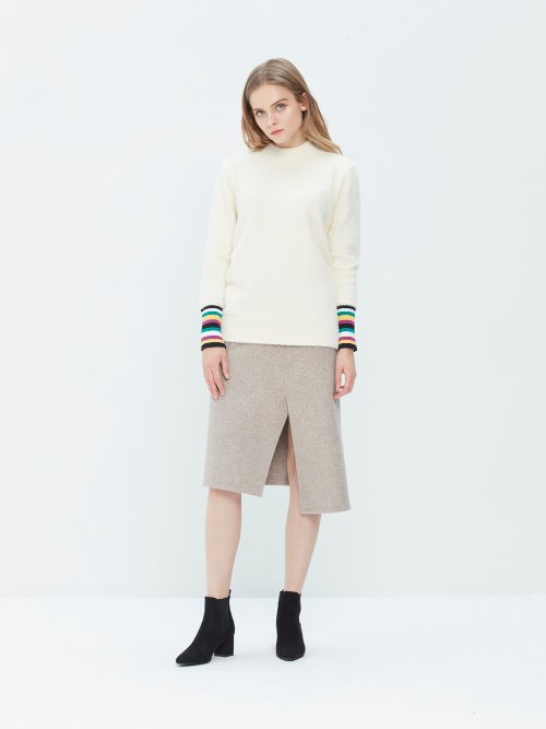 Wool Cashmere Assymetric Big Pocket Skirt Beige